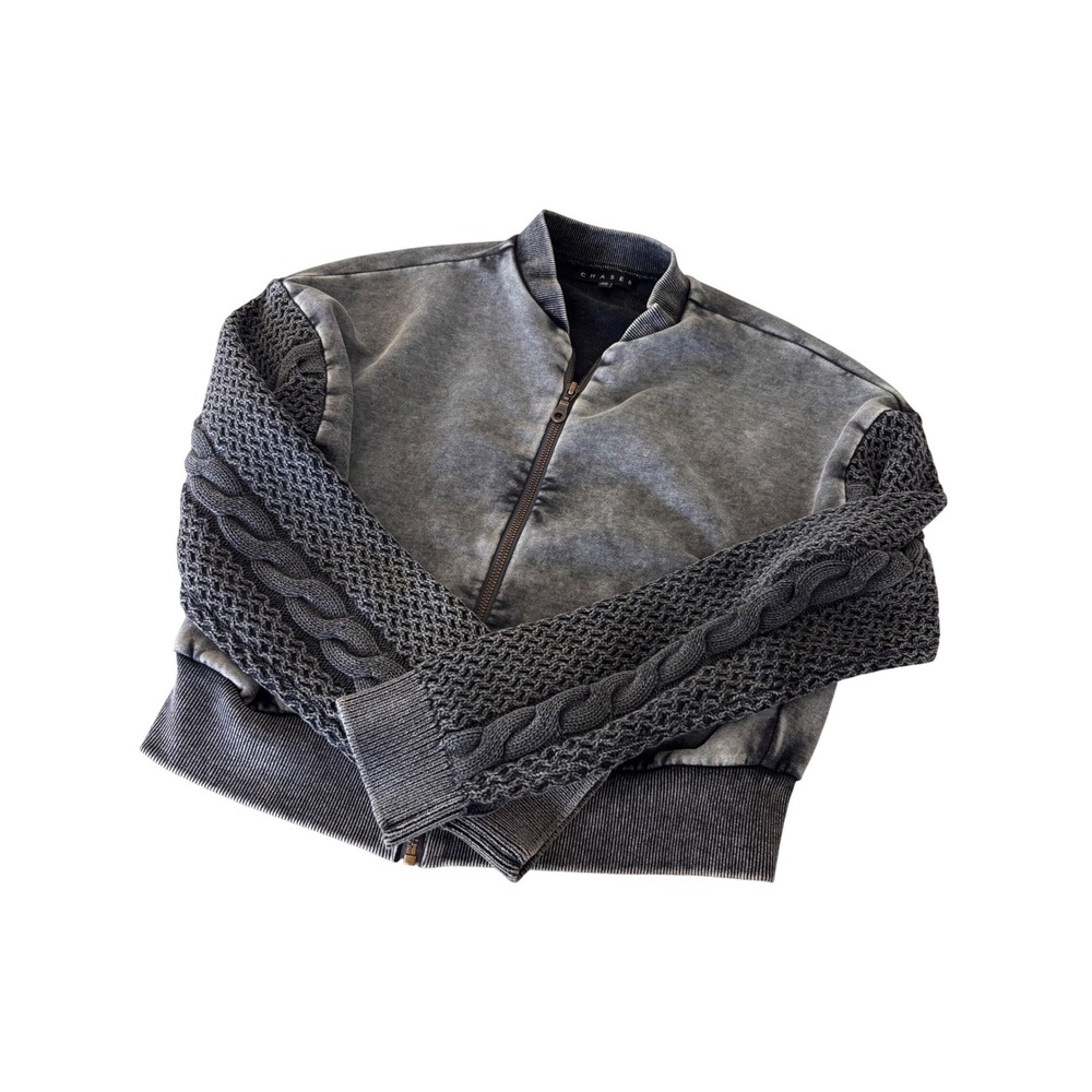 Chaser Acid Wash Mineral Grey sweat Jacket Cable Knit Sleeves Full Zip XS